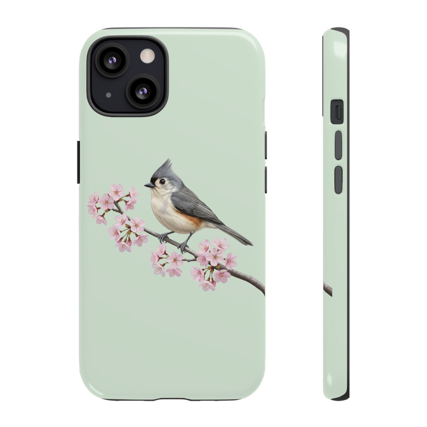 Grauhäubchenmeise Handyhülle in Salbeigrün | Florales Kirschblüten Vogel-Motiv für iPhone & Google Pixel – animal lover,