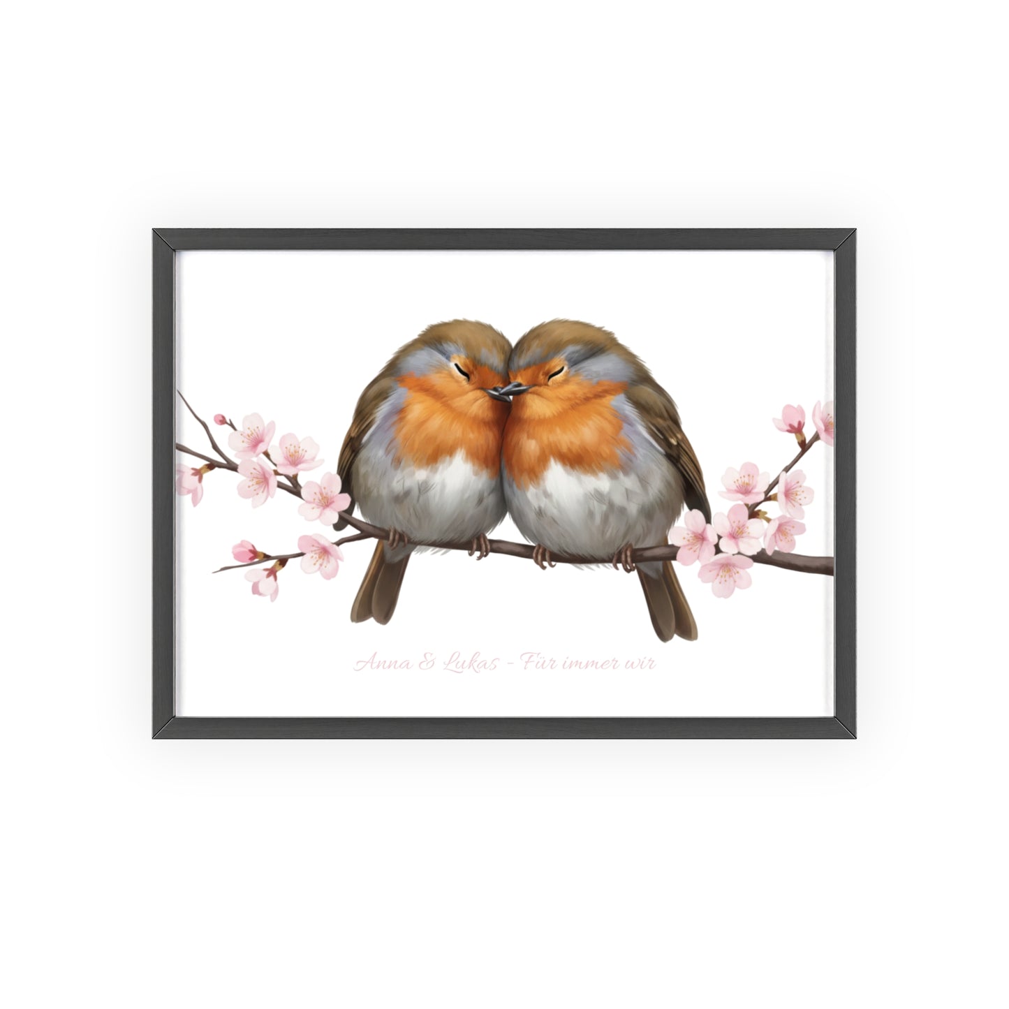 Personalisiertes Wandbild im Holzrahmen – Rotkehlchen-Paar mit Wunschnamen