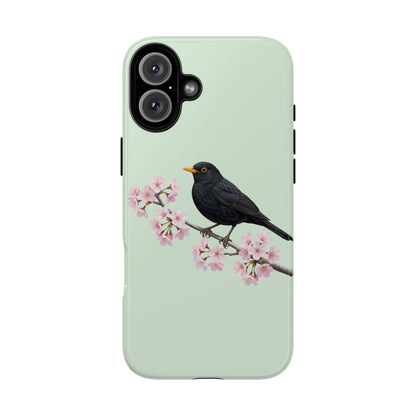 Amsel Handyhülle in Salbeigrün | Florales Kirschblüten Vogel-Motiv für iPhone & Google Pixel