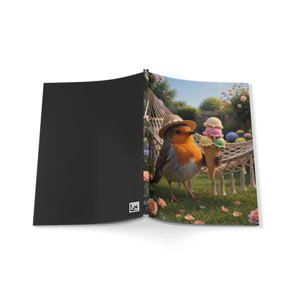 Premium A5 Notizbuch Rosi Rotkehlchen und das Riesen-Eis im Garten (liniert)