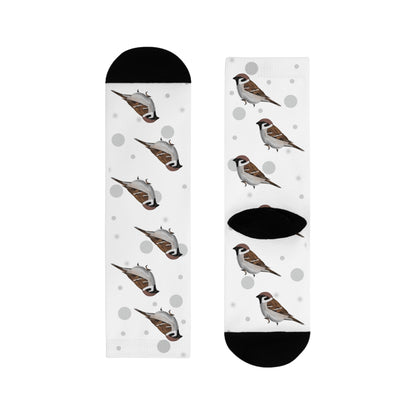 Feldsperling Socken Vogelsocken Weiß mit Grauen Punkten