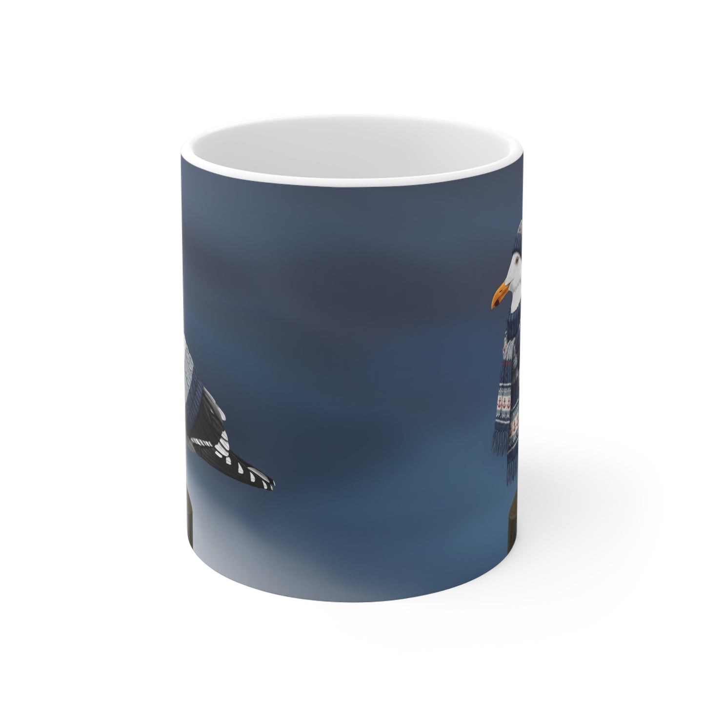 Möwe mit Strickpullover Weihnachtliche Tasse mit Vogelmotiv – Ideal für Kakao & Kaffee