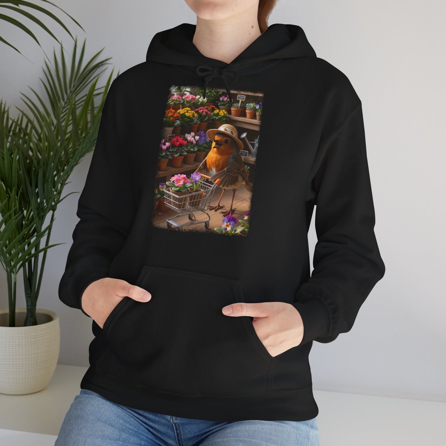 Lustiger Rotkehlchen Hoodie mit Blumen-Einkaufswagen | Süßer Vogel Kapuzenpullover für Pflanzenfans