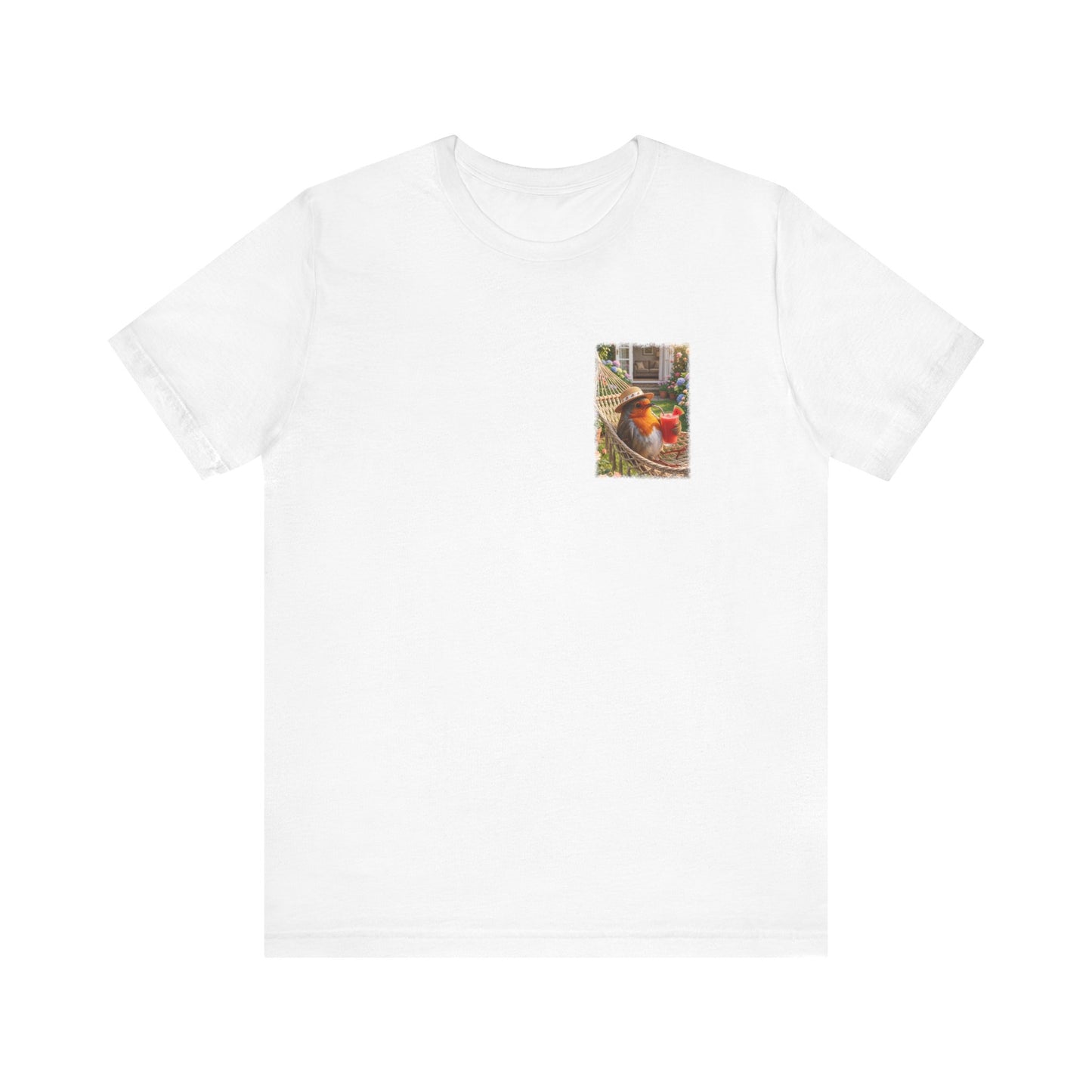Rosi Rotkehlchen T-Shirt in der Hängematte für Vogelbeobachter und Gartenfreunde