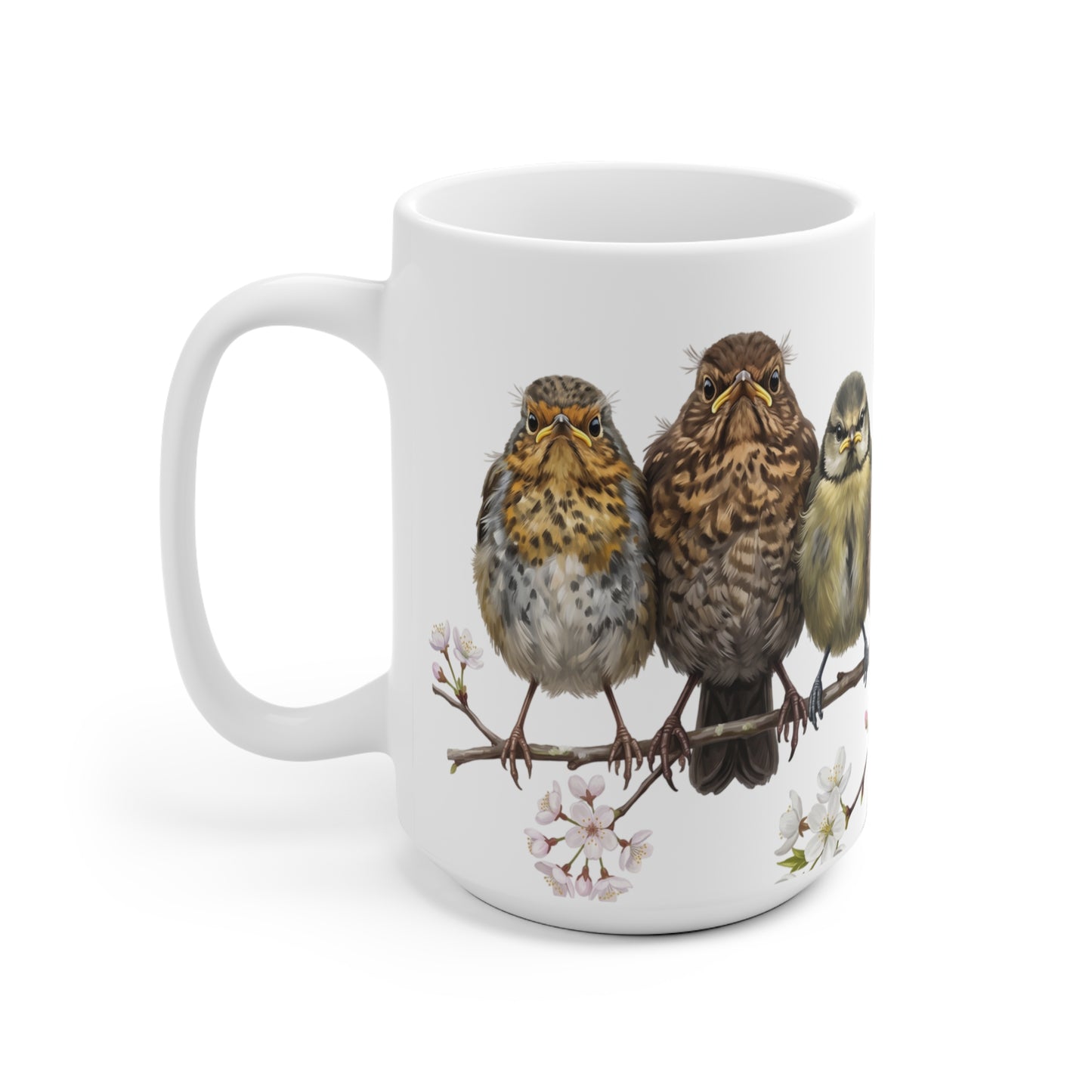 Amsel Rotkehlchen Eule Ästlinge Premium Keramiktasse Weiß | Geschenk für Vogelbeobachter