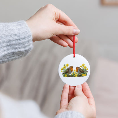 Rotkehlchen mit Osterglocken Premium Keramik-Ornament