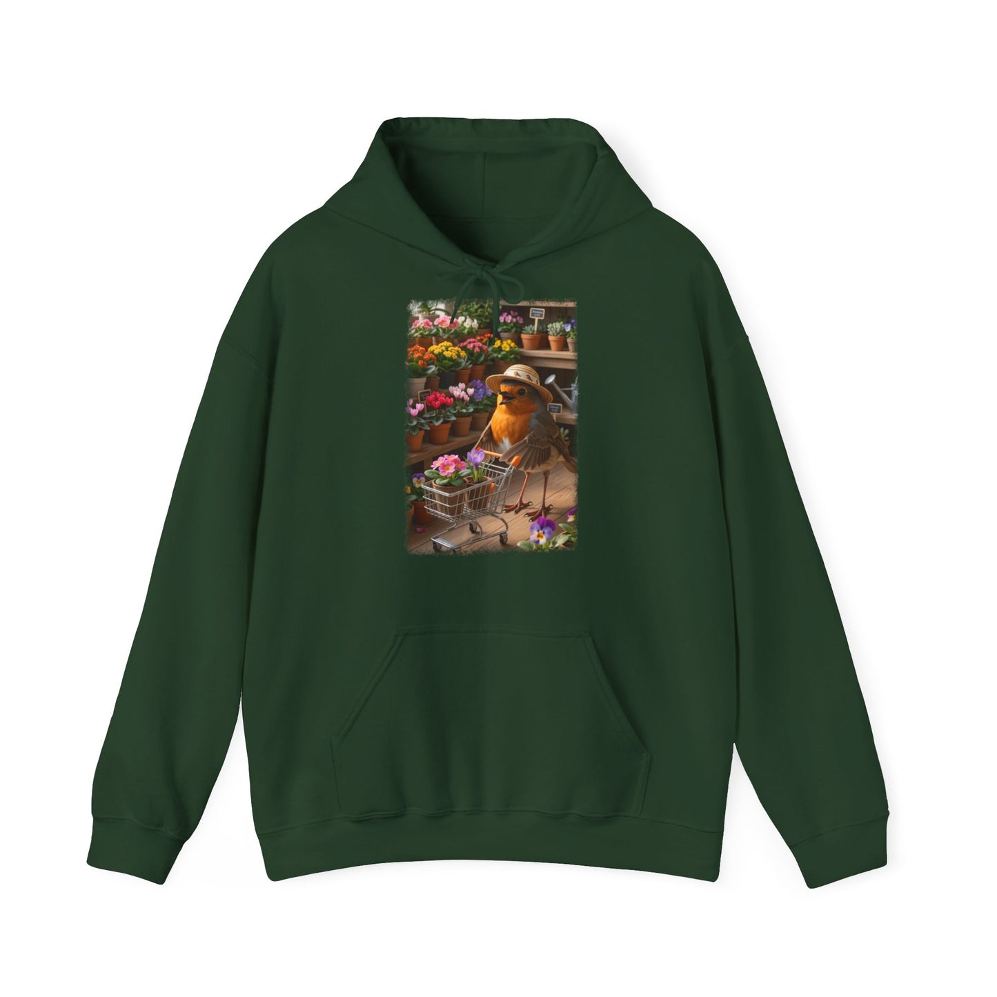 Lustiger Rotkehlchen Hoodie mit Blumen-Einkaufswagen | Süßer Vogel Kapuzenpullover für Pflanzenfans