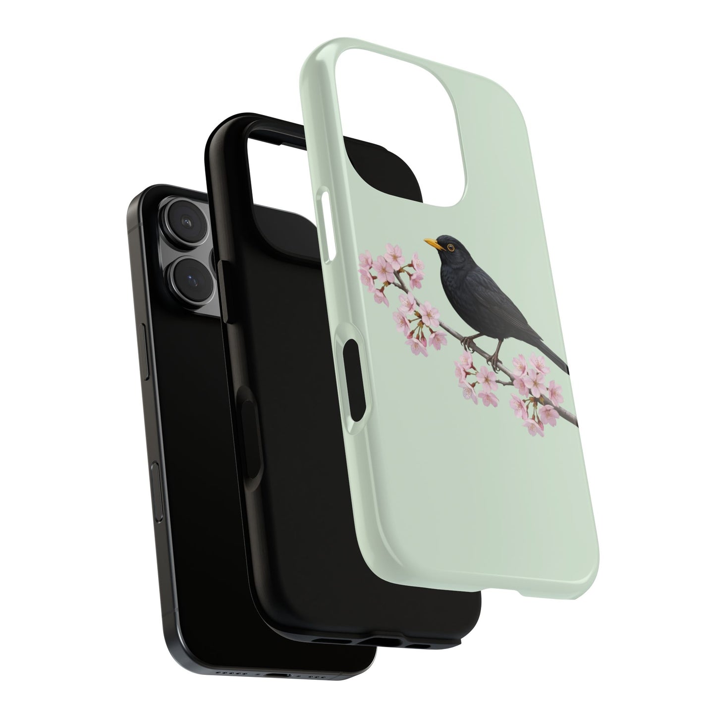 Amsel Handyhülle in Salbeigrün | Florales Kirschblüten Vogel-Motiv für iPhone & Google Pixel