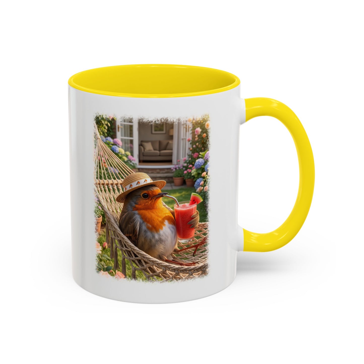 Tasse mit Rotkehlchen Motiv Rosi in der Hängematte für Vogelfreunde