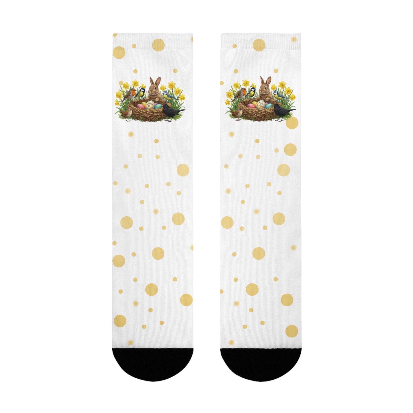 Vogel Socken mit Osterglocken – Kaninchen, Amsel, Rotkehlchen, Meisen & Zaunkönig am Osternest