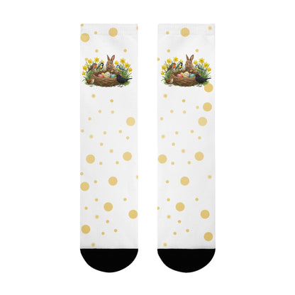 Vogel Socken mit Osterglocken – Kaninchen, Amsel, Rotkehlchen, Meisen & Zaunkönig am Osternest