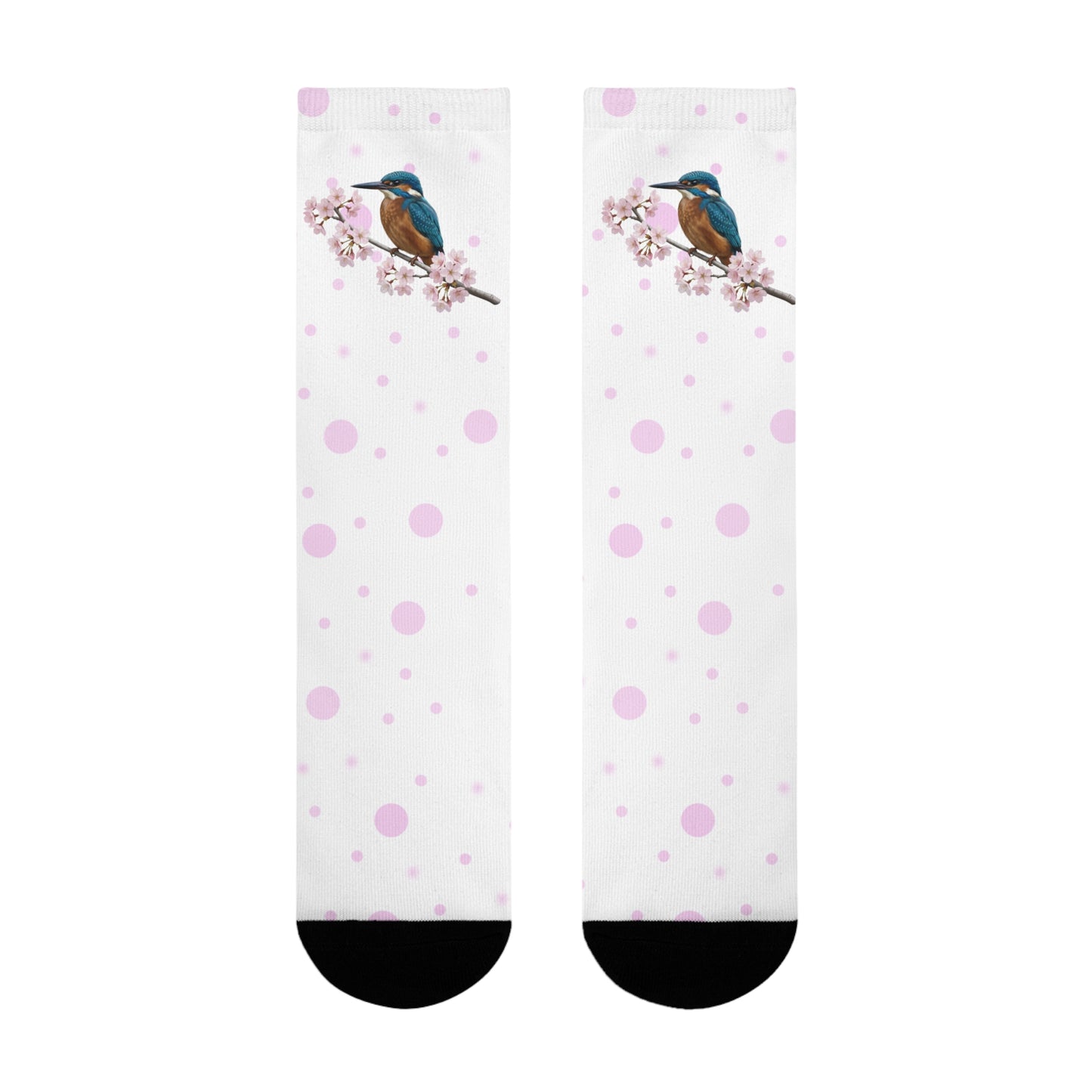 Eisvogel Socken mit Kirschblüten | Weiß Rosa gepunktete Vogelmotiv Strümpfe – Accessories,