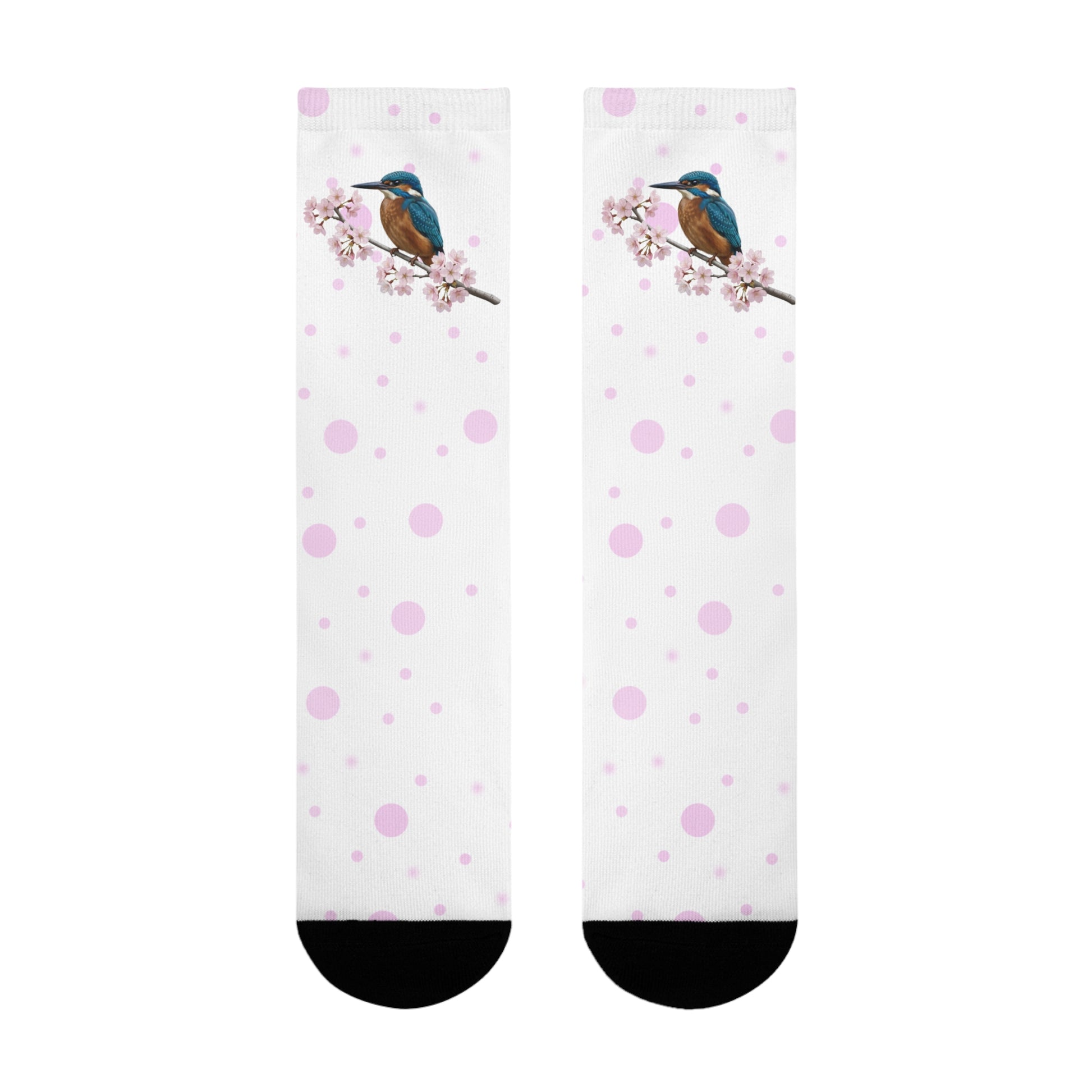Eisvogel Socken mit Kirschblüten | Weiß Rosa gepunktete Vogelmotiv Strümpfe – Accessories,