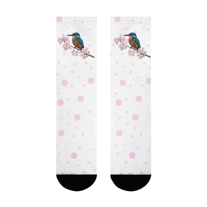 Eisvogel Socken mit Kirschblüten | Weiß Rosa gepunktete Vogelmotiv Strümpfe – Accessories,