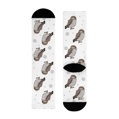 Eulen Socken Vogelsocken Weiß mit Grauen Punkten