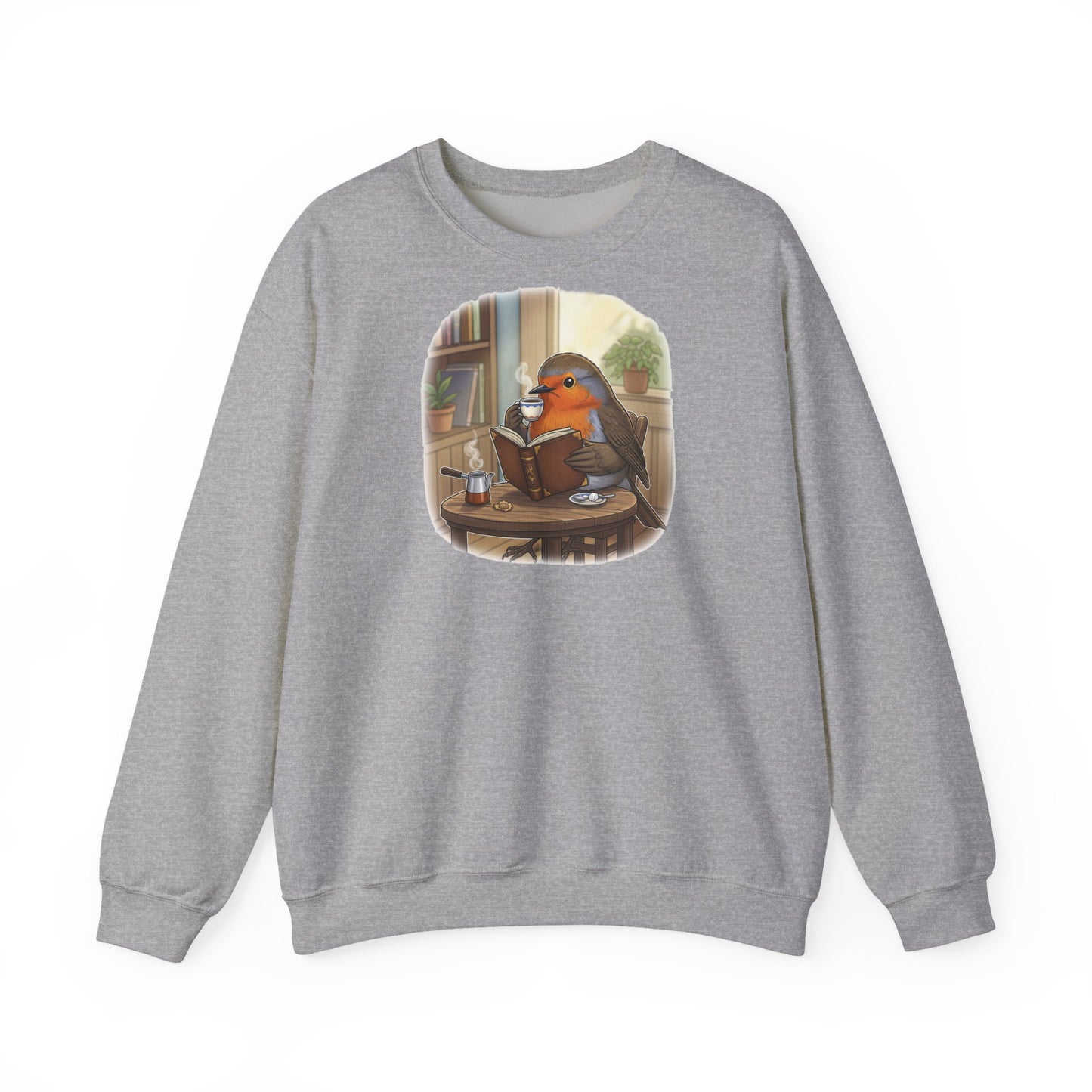 Rotkehlchen liest Bücher und trinkt Kaffee Vogel Sweatshirt für Vogelbeobachter