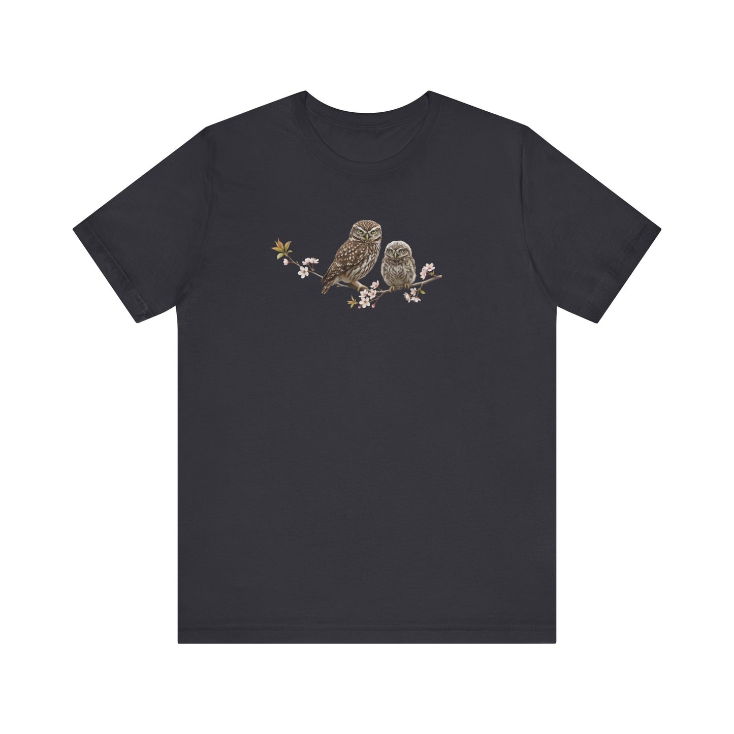 Eule Steinkauz & Jungvogel T-Shirt | Frühlingsblüten Vogelmotiv für Vogelbeobachter