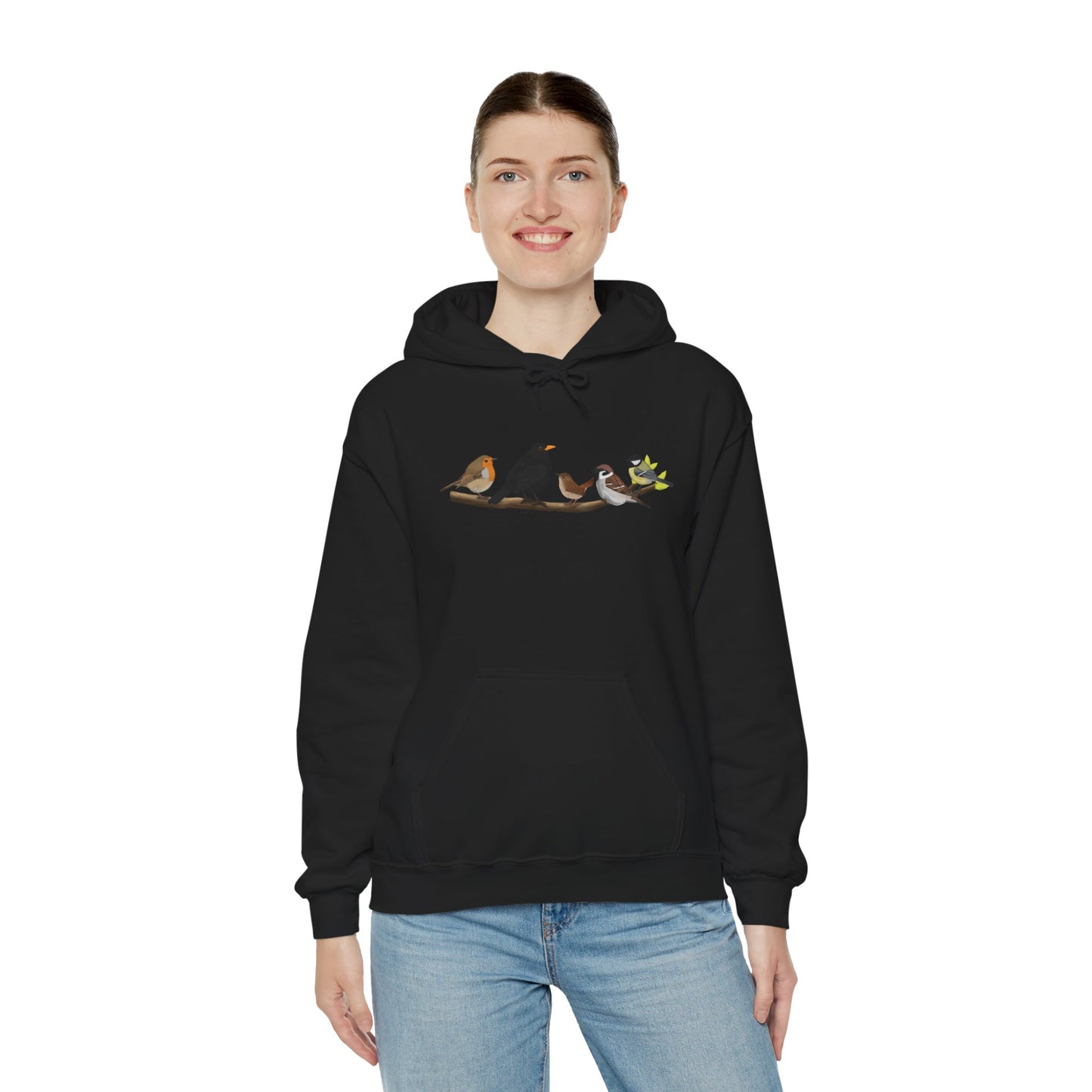 Vögel auf einem Ast Hoodie - Amsel Rotkehlchen Kohlmeise Kapuzenpullover für Vogelbeobachter & Naturliebhaber