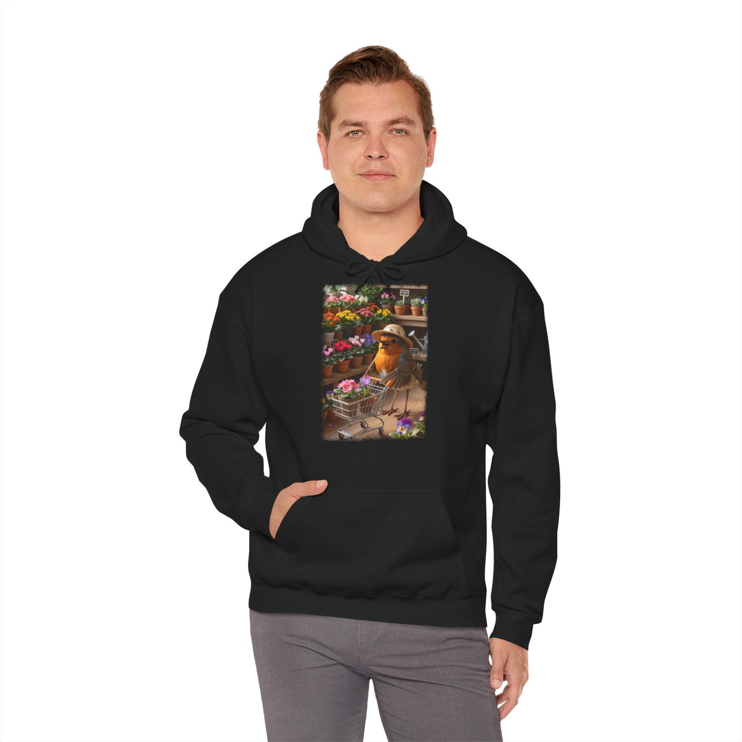 Lustiger Rotkehlchen Hoodie mit Blumen-Einkaufswagen | Süßer Vogel Kapuzenpullover für Pflanzenfans