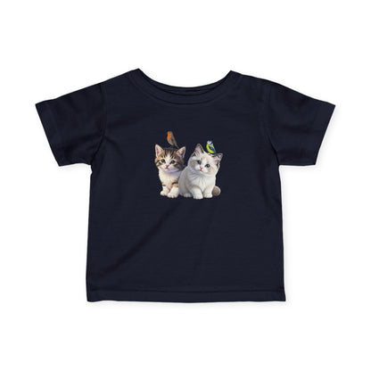 Süßes Kätzchen Tiermotiv Baby T-Shirt mit Rotkehlchen und Blaumeise