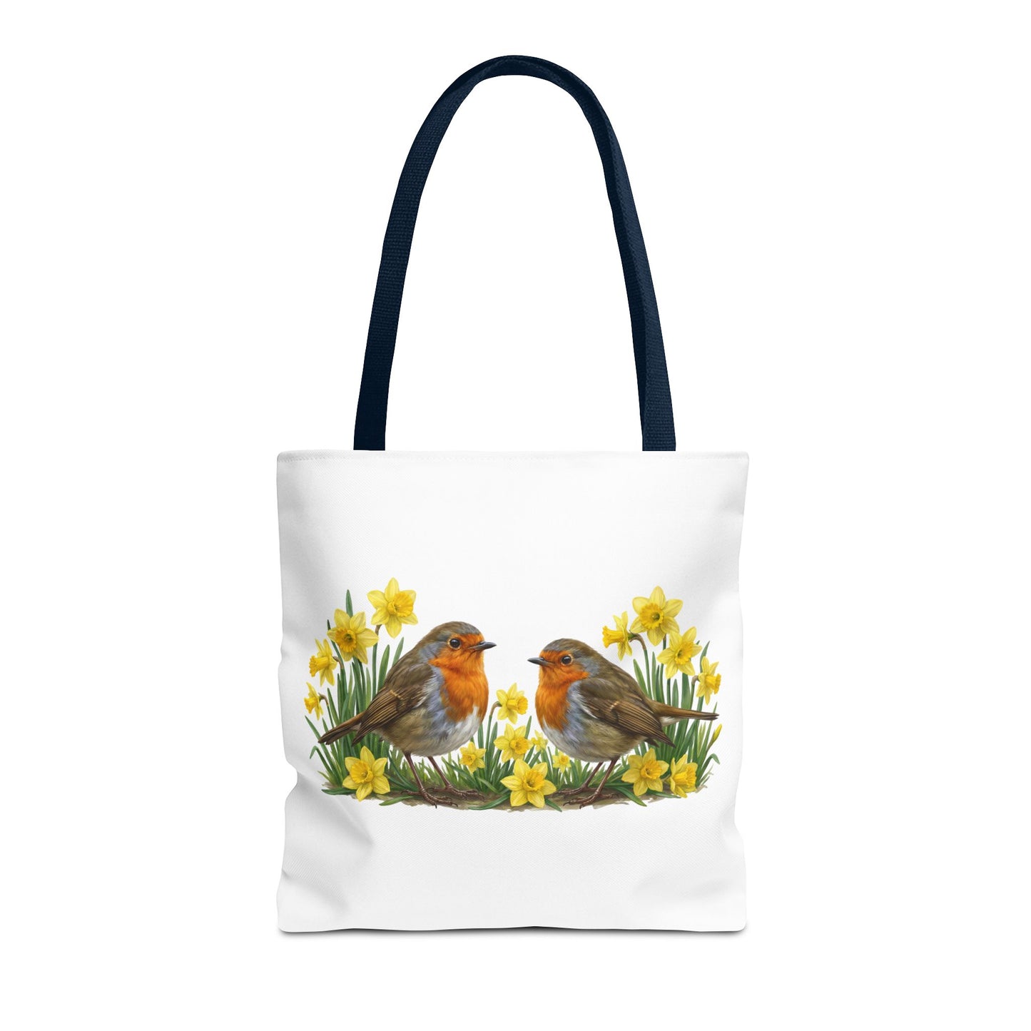 Robuste Einkaufstasche "Frühling": Rotkehlchen in Osterglocken | 40x40cm Shopper