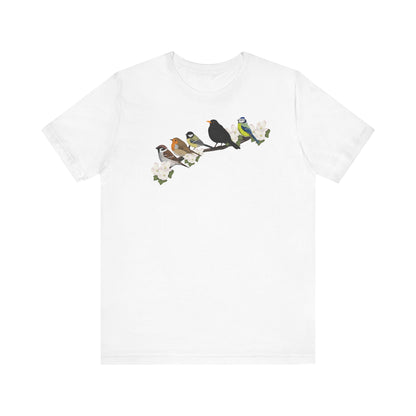 Amsel Rotkehlchen Spatz auf einem Ast Vogel T-Shirt für Vogelfreunde und Vogelbeobachter