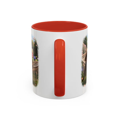 Keramiktasse Rosi Rotkehlchen und das Riesen-Eis im Garten – Kaffeebecher mit farbigem Henkel (330 ml)