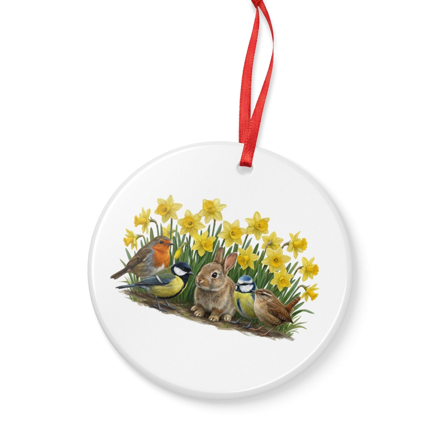 Rotkehlchen Blaumeise Zaunkönig mit Kaninchen und Osterglocken Premium Keramik-Ornament
