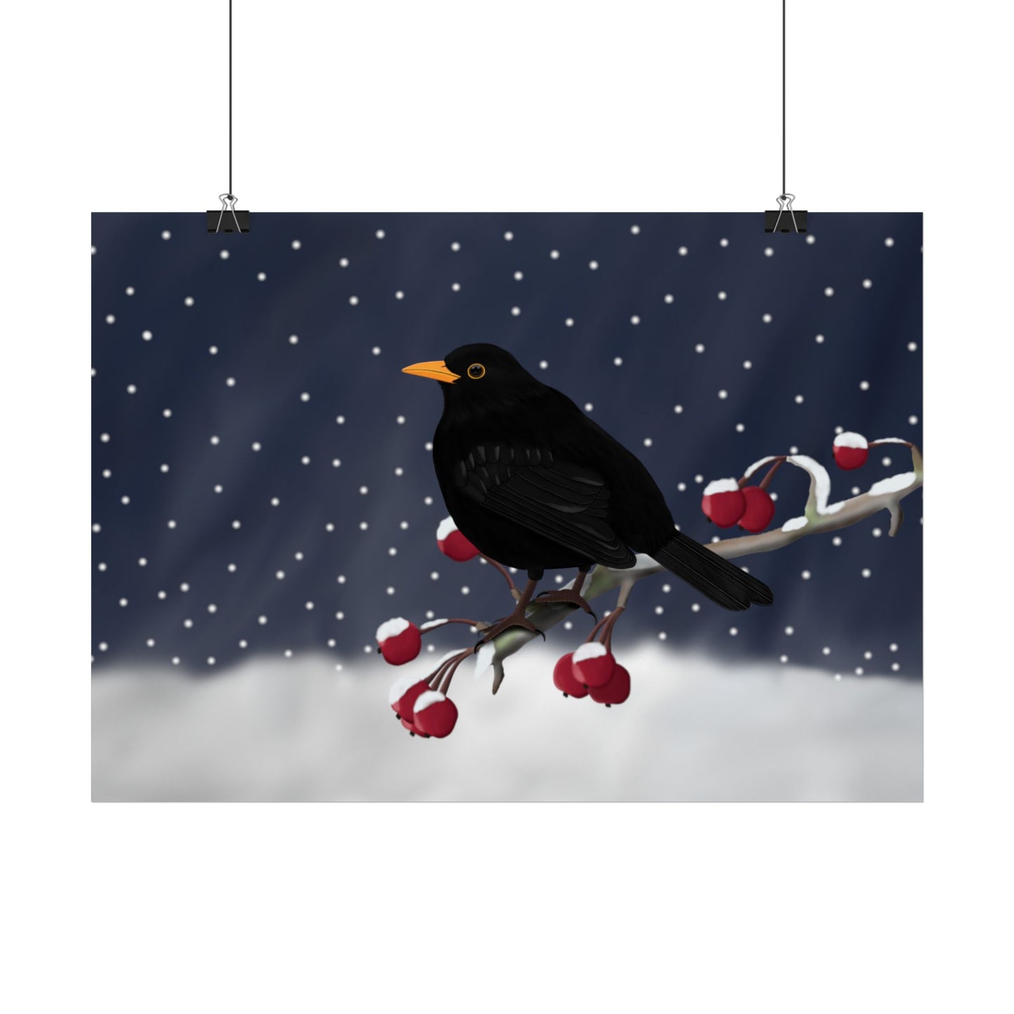 Amsel auf einem Ast im Schnee Vogel Poster