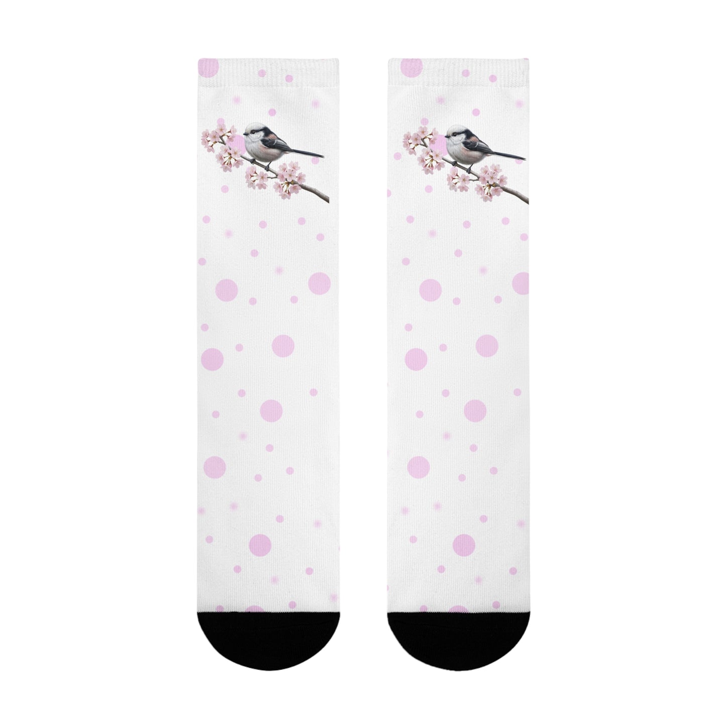 Schwanzmeise Socken mit Kirschblüten | Weiß Rosa gepunktete Vogelmotiv Strümpfe – Accessories,