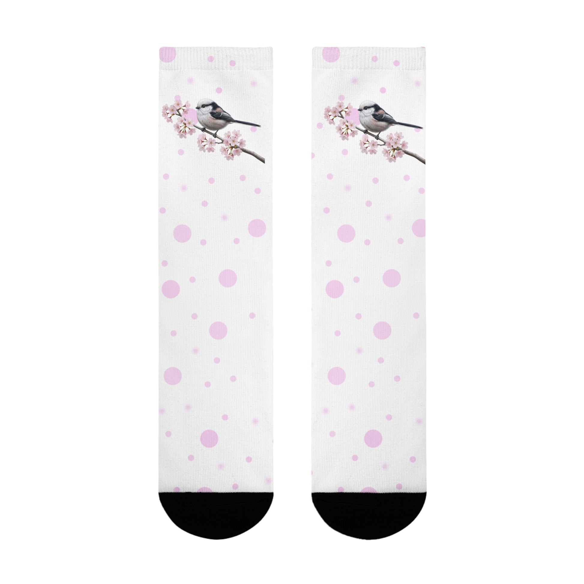 Schwanzmeise Socken mit Kirschblüten | Weiß Rosa gepunktete Vogelmotiv Strümpfe – Accessories,