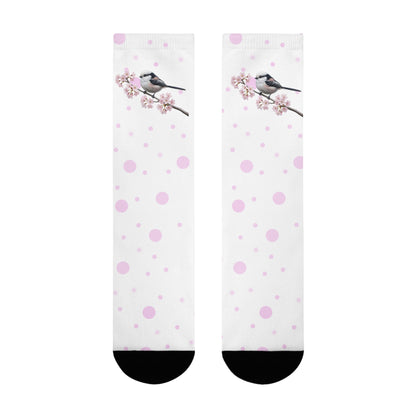 Schwanzmeise Socken mit Kirschblüten | Weiß Rosa gepunktete Vogelmotiv Strümpfe – Accessories,