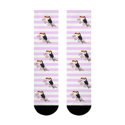 Tukan Socken mit Kirschblüten | Weiß Rosa gestreifte Vogelmotiv Strümpfe – Accessories,