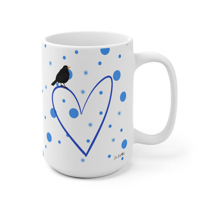 Amsel mit Herz Valentinstag Vogel Tasse Punkte Blau