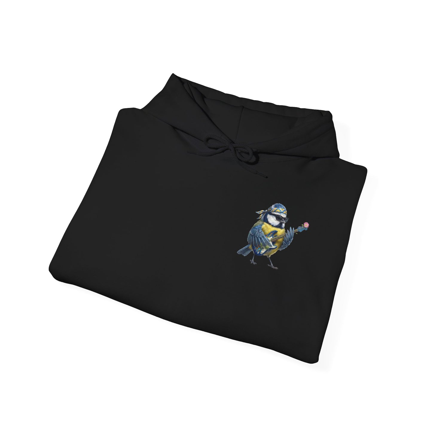 Bert Blaumeise mit Blumen-Gitarre – Premium Band-Hoodie | Die Gartenvögel