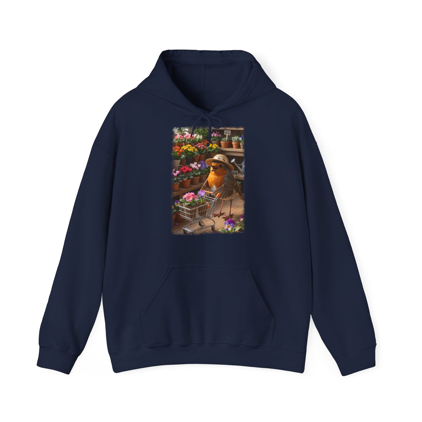 Lustiger Rotkehlchen Hoodie mit Blumen-Einkaufswagen | Süßer Vogel Kapuzenpullover für Pflanzenfans
