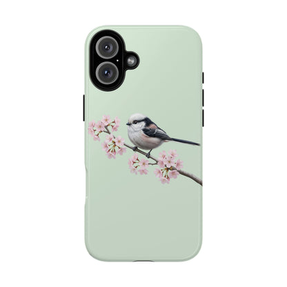 Schwanzmeise Handyhülle in Salbeigrün | Florales Kirschblüten Vogel-Motiv für iPhone & Google Pixel