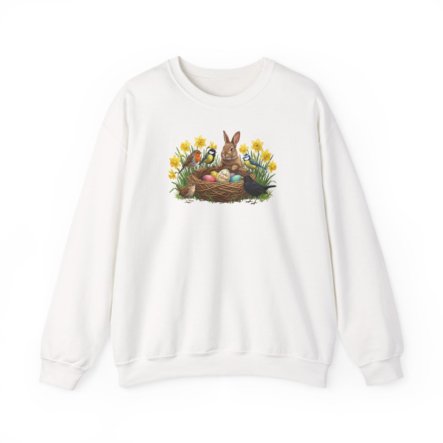 White sweatshirt with Easter design featuring a bunny, eggs, and flowers on a white background