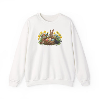 White sweatshirt with Easter design featuring a bunny, eggs, and flowers on a white background