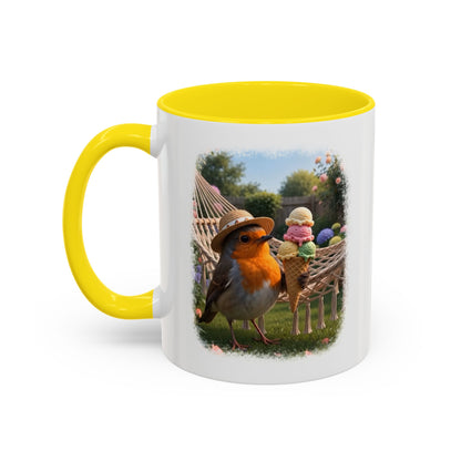 Keramiktasse Rosi Rotkehlchen und das Riesen-Eis im Garten – Kaffeebecher mit farbigem Henkel (330 ml)
