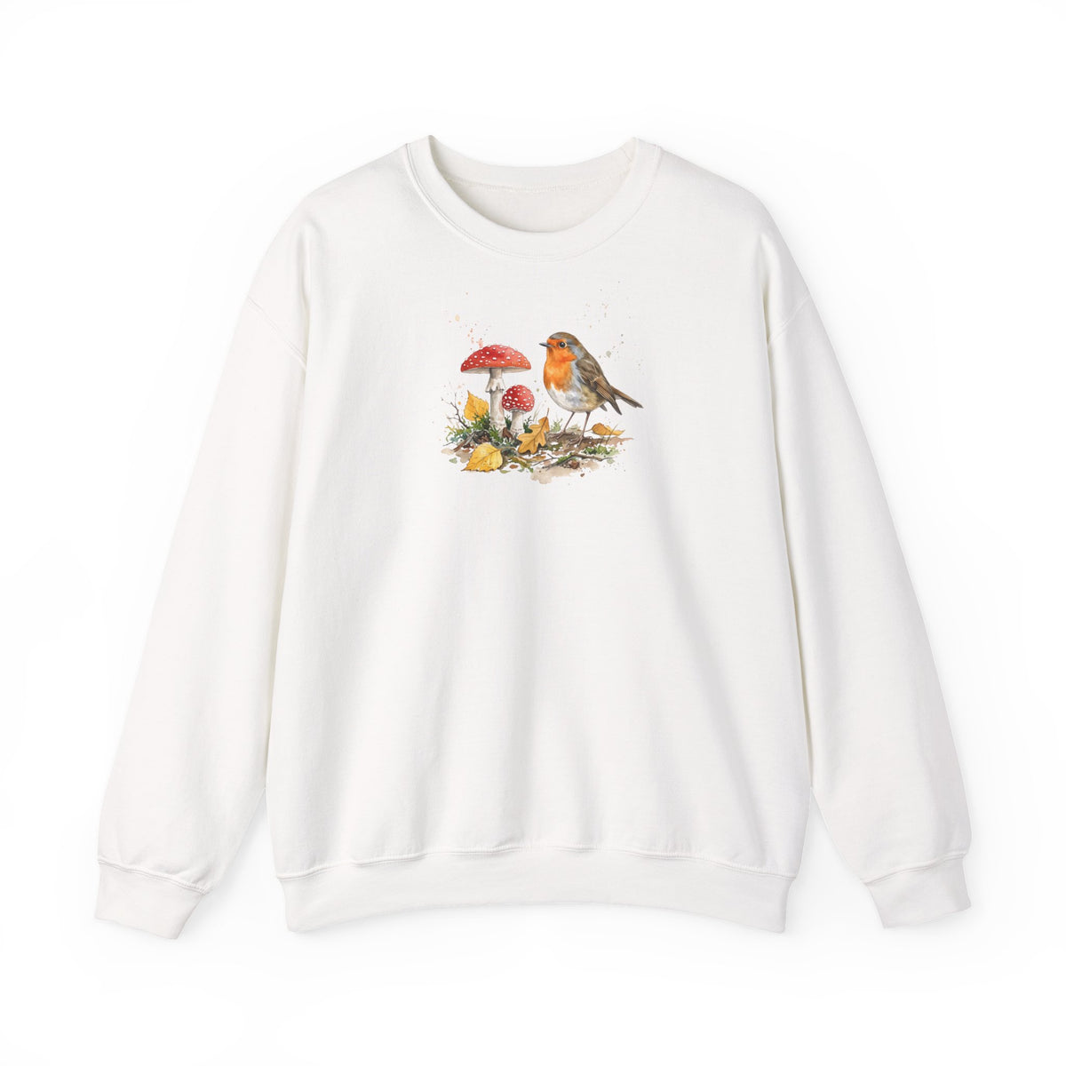 Rotkehlchen Herbst-Sweatshirt – Gemütlicher Pullover mit Herbstlaub & Fliegenpilzen