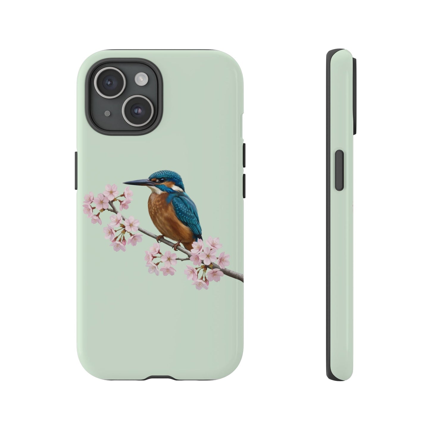 Eisvogel Handyhülle in Salbeigrün | Florales Kirschblüten Vogel-Motiv für iPhone & Google Pixel