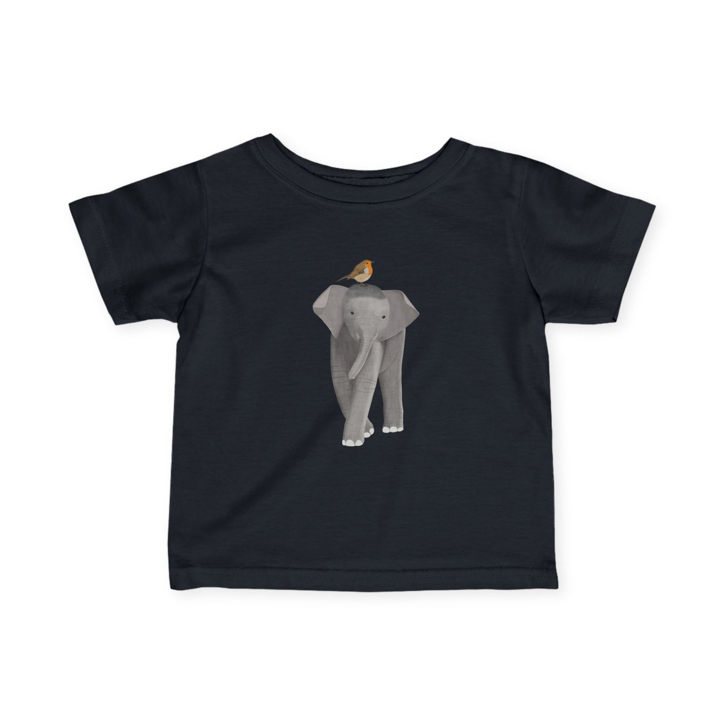 Süßes Elefant mit Rotkehlchen Vogel Tiermotiv T-Shirt für Babys und Kleinkinder