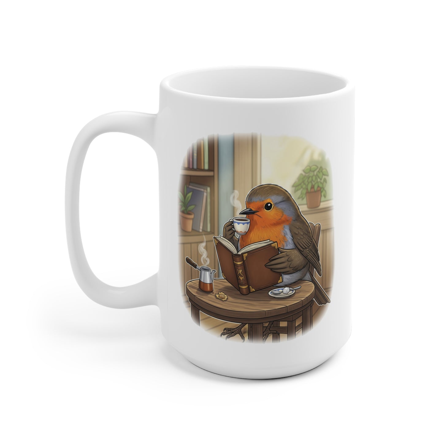 Rotkehlchen liest Bücher und trinkt Kaffee Vogel Tasse Weiß für Vogelbeobachter