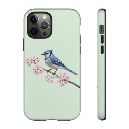 Blauhäher Handyhülle in – Salbeigrün | Florales Kirschblüten Vogel-Motiv für iPhone & Google Pixel