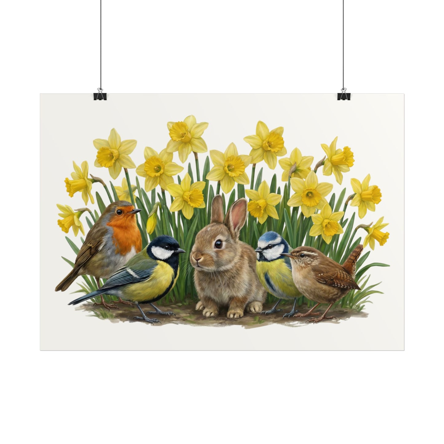Premium Poster Kaninchen, Rotkehlchen, Blaumeise, Kohlmeise, Zaunkönig & Osterglocken (Matt)