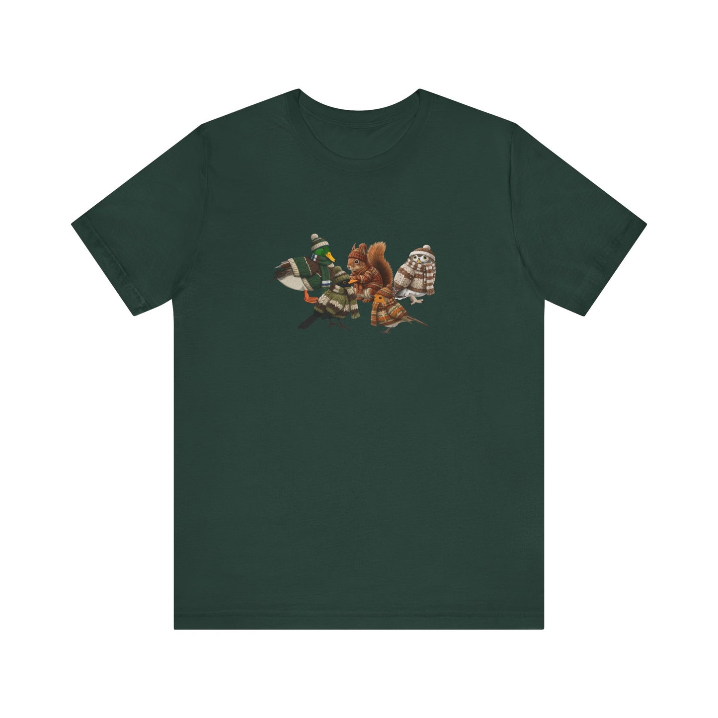 Lustiges Vogelmotiv Winter T-Shirt: Die kuschelige Garten-Gang mit Mütze & Pullover