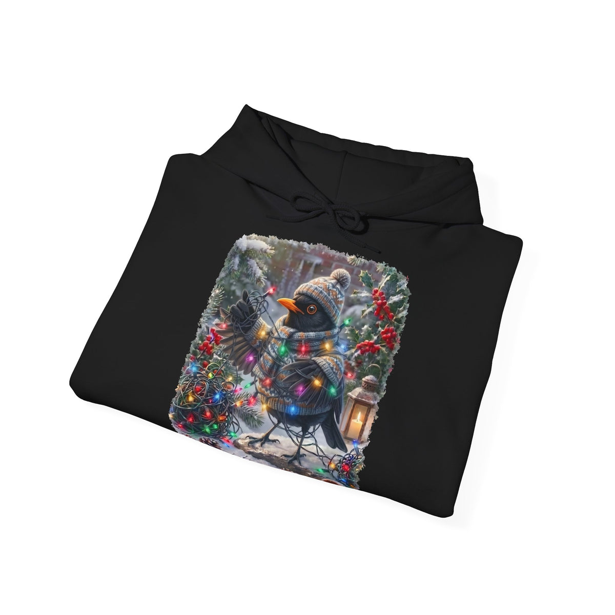 Premium Hoodie Amsel und die Lichterkette im winterlichen Garten für Vogelbeoachter