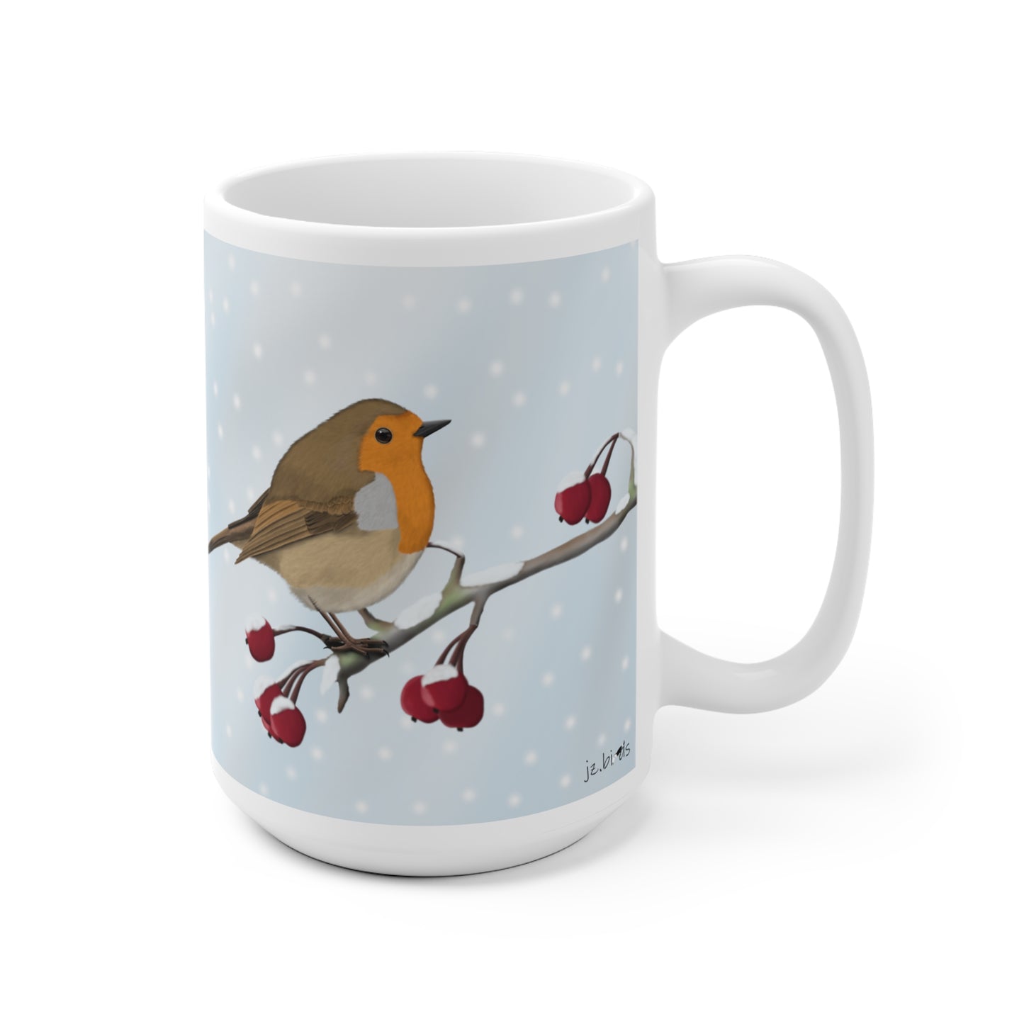 Rotkehlchen auf einem Ast im Winter Weihnachten Schnee Vogel Tasse