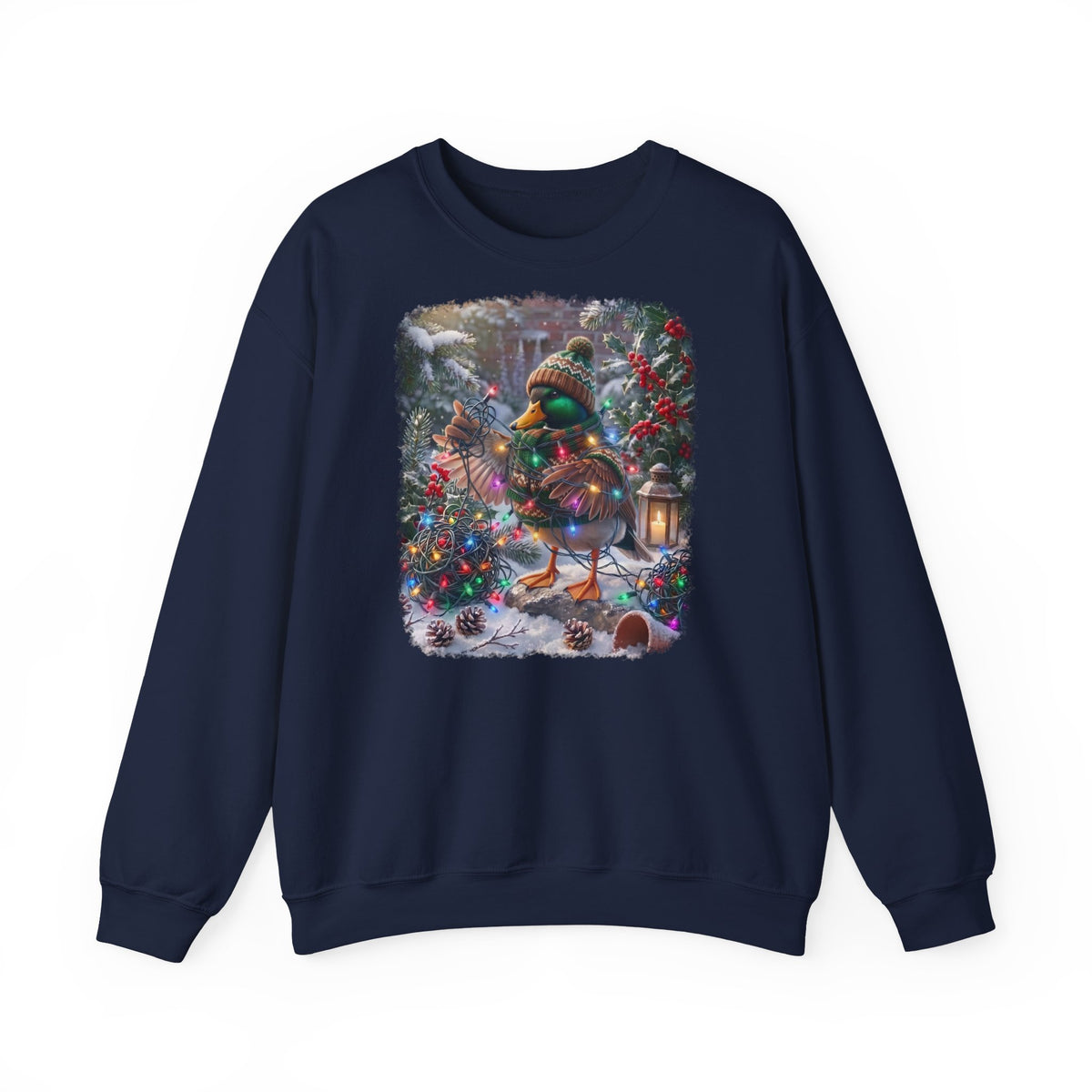 Premium Sweatshirt Ente und die Lichterkette im winterlichen Garten für Vogelfreunde